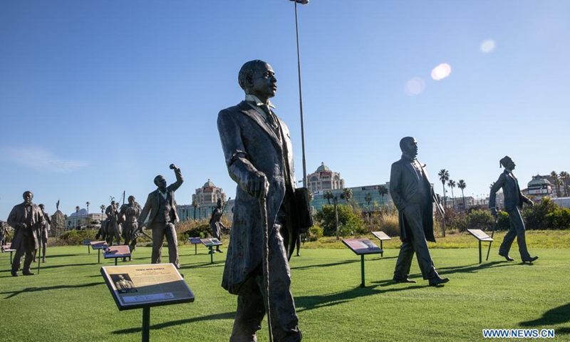Bronze statues are displayed at a tourist spot named The Long March to Freedom in Cape Town, South Africa, on May 23, 2021. The Long March to Freedom has life-size Bronze statues of 100 individuals who struggled for South Africa's freedom from the early 1700s to Freedom Day in April 1994.(Photo: Xinhua)