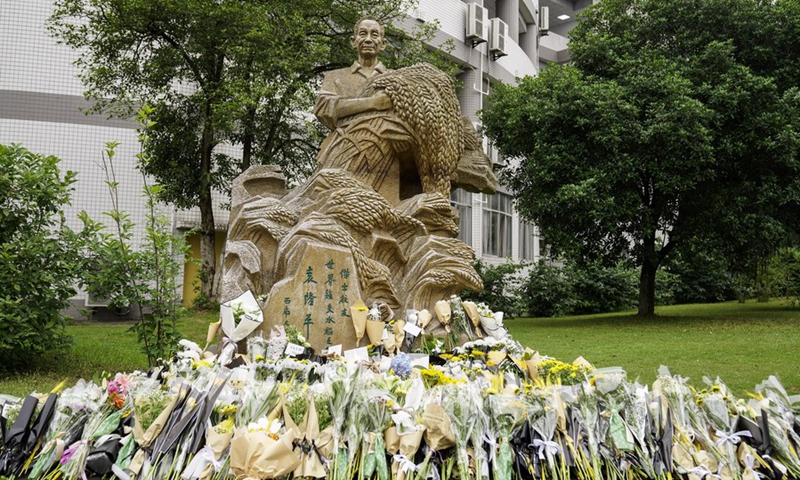 Flowers are seen in front of a statue of Yuan Longping in Southwest University in southwest China's Chongqing, May 22, 2021.(Photo: Xinhua)