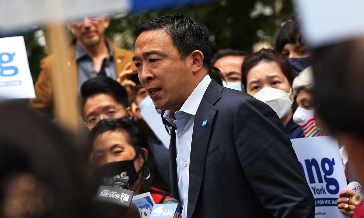 New York City Mayoral candidate Andrew Yang speaks at a rally at City Hall Park in Manhattan on May 24, 2021 in New York City. Photo: AFP