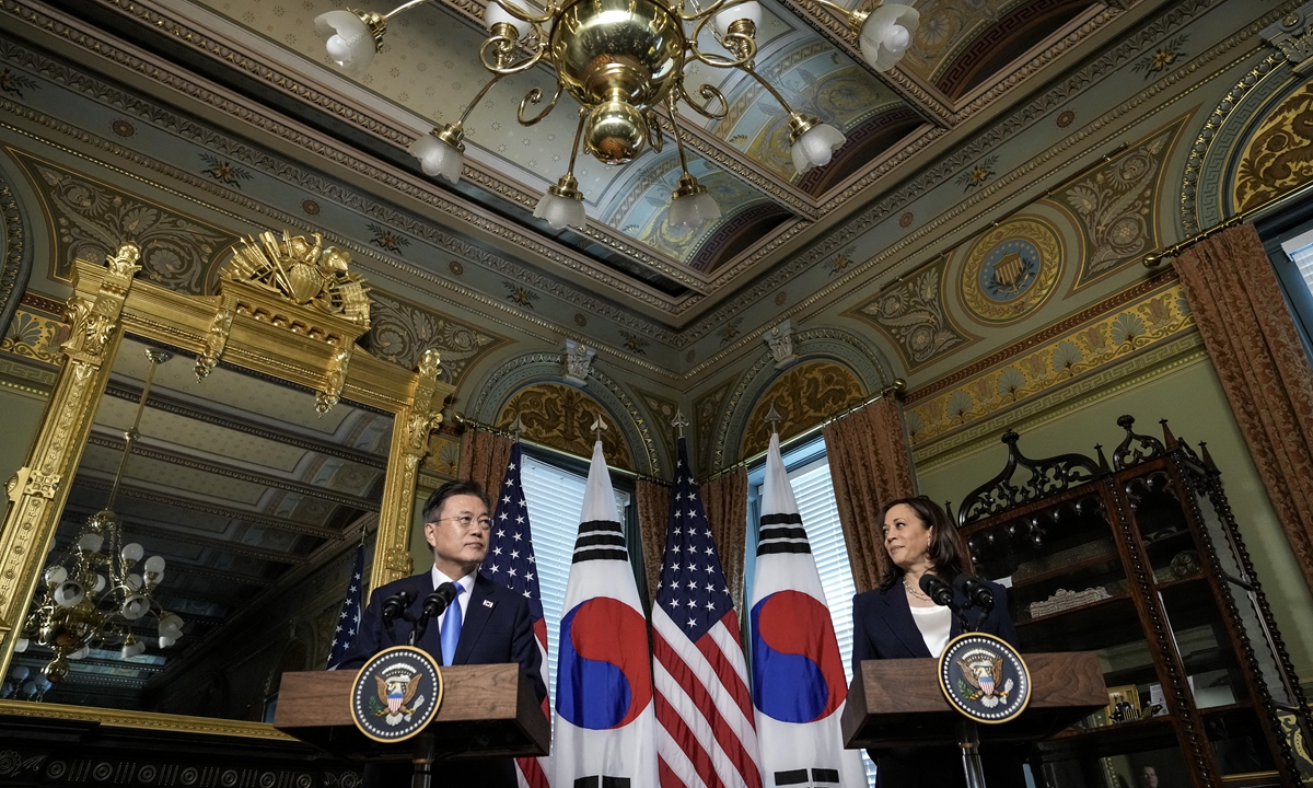 US Vice President Kamala Harris and Korean President Moon Jae-in address the media prior to a meeting in the Eisenhower Executive Office Building on Friday in Washington, DC. Photo: AFP