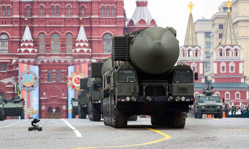 Russian RS-24 Yars intercontinental ballistic missile systems are seen on the Red Square for the Victory Day parade in Moscow, Russia, May 9, 2019. Photo:Xinhua
