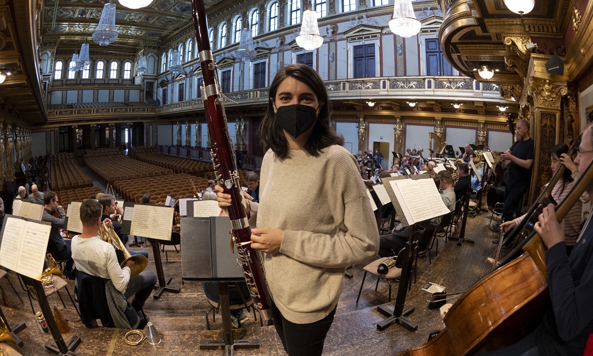 Sophie Dervaux, French bassoonist of the Vienna Philharmonic Orchestra, stands on stage during a  rehearsal at the Musikverein music hall in Vienna on May 20. Photo: AFP