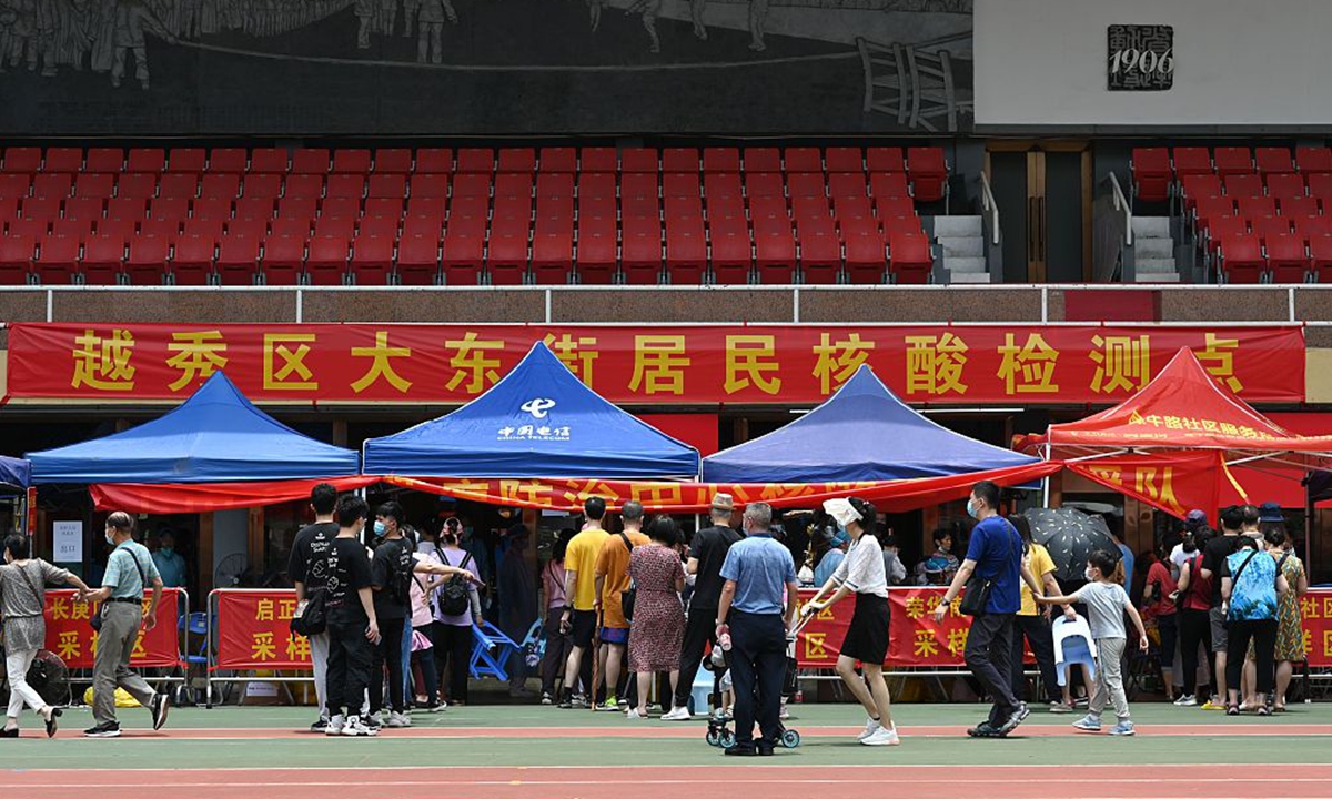 Yuexiu district in Guangzhou, South China's Guangdong Province, launched mass screening of all residents with nucleic acid testing on May 30. People queued to get tested in a stadium on Sunday. Photo: VCG