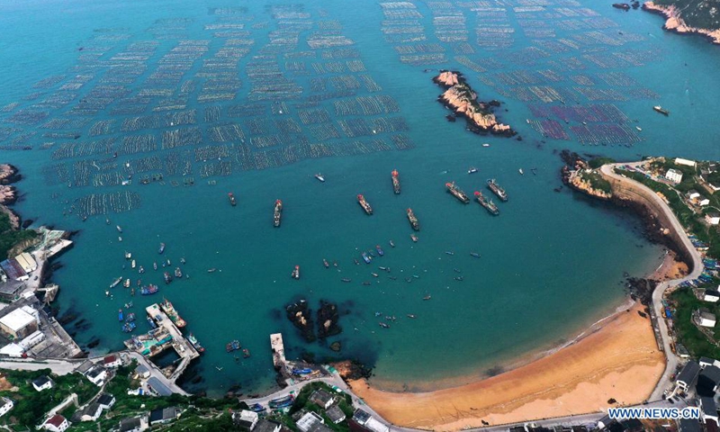 Aerial photo taken on May 30, 2021 shows a mussel breeding base in Shengsi County of Zhoushan City, east China's Zhejiang Province. (Photo by Yao Feng/Xinhua)