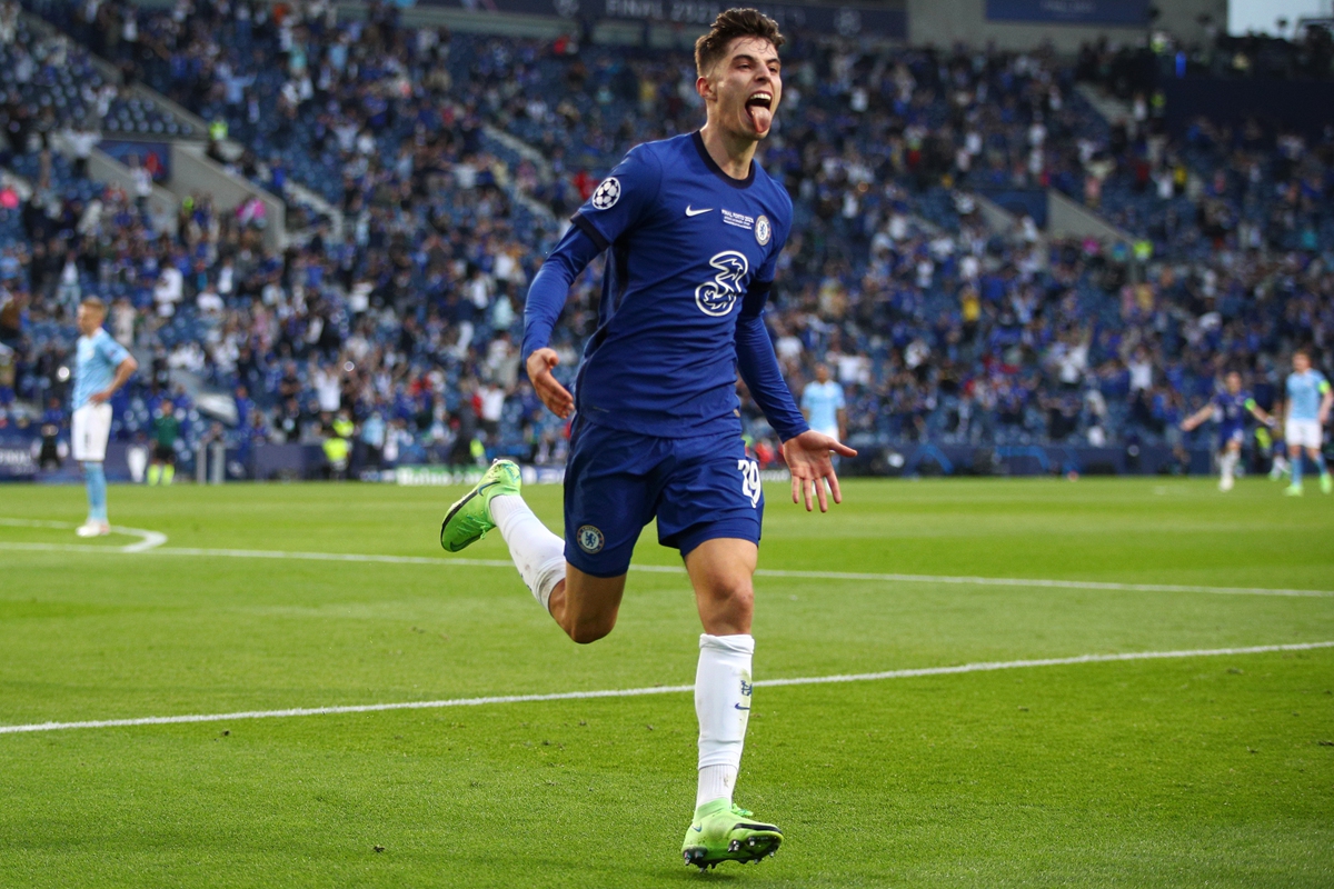 Kai Havertz of Chelsea celebrates after scoring against Manchester City on Saturday in Porto, Portugal. Photo: VCG
