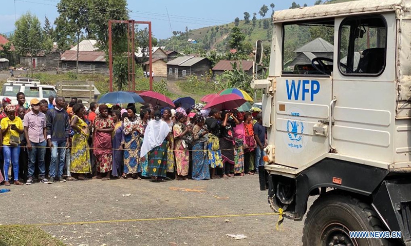 People wait to get aid delivered by humanitarian organizations in Sake, North Kivu province, Democratic Republic of Congo (DRC), May 31, 2021. Photo: Xinhua