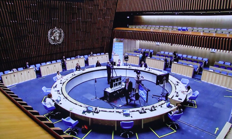 Photo taken in Brussels, Belgium on May 24, 2021 shows the live stream of the 74th World Health Assembly held at the World Health Organization (WHO) headquarters in Geneva, Switzerland. Photo:Xinhua 