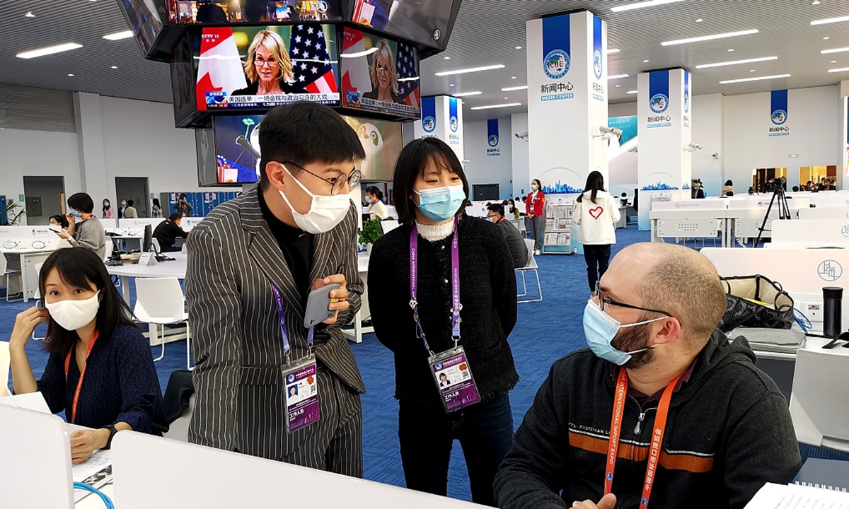 Chinese and foreign journalists work at the Media Center of the third China International Import Expo (CIIE) in Shanghai on November 4, 2020. File Photo: VCG