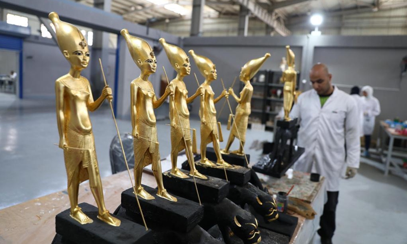 Photo taken on May 25, 2021 shows replicas of ancient Egyptian antiquities at Konouz Egypt Replica Treasures in Qalyubia, Egypt. Dozens of designers, sculptors, painters and workers, were busy producing replicas of ancient Egyptian artifacts at Konouz Egypt Replica Treasures, the first factory in Egypt and the Middle East for producing replicas of historical Egyptian antiquities. Photo:Xinhua 