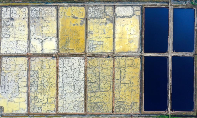 Aerial photo taken on June 1, 2021 shows a view of the salt lake in Yuncheng City, north China's Shanxi Province. Yuncheng Salt Lake, known as the Dead Sea of China, has transformed from a salt production base to a photographers' paradise for its vibrant colors. (Xinhua/Cao Yang)