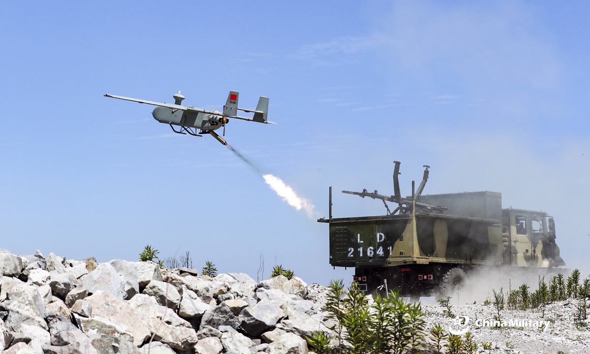 An unmanned aerial vehicle (UAV) is launched for a flight training exercise conducted by an artillery brigade under the PLA 71st Group Army on May 31, 2021. (eng.chinamil.com.cn/Photo by Wu Zhaobing) 