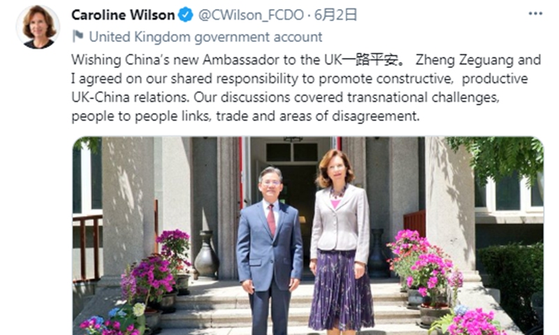 Zheng Zeguang (left) and UK Ambassador to China Caroline Wilson
 Photo: Screenshot of Wilson's Tweet 