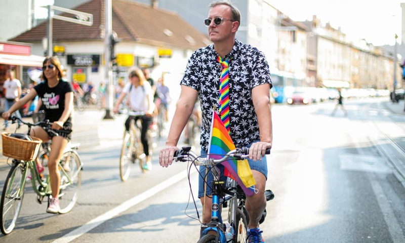 A participant attends the Pride Ride in support of LGBTQ groups in Zagreb, Croatia, on June 5, 2021.(Photo: Xinhua)