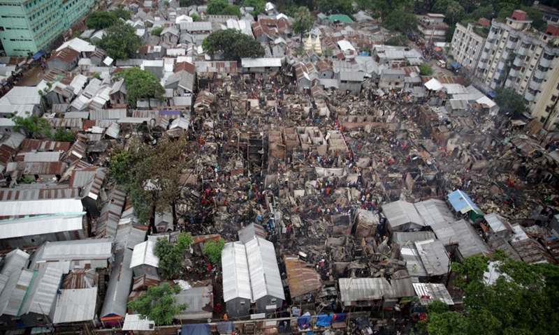 Aerial photo taken on June 7, 2021 shows a view of burned houses after a fire broke out at a slum in Bangladeshi capital Dhaka.(Photo: Xinhua)