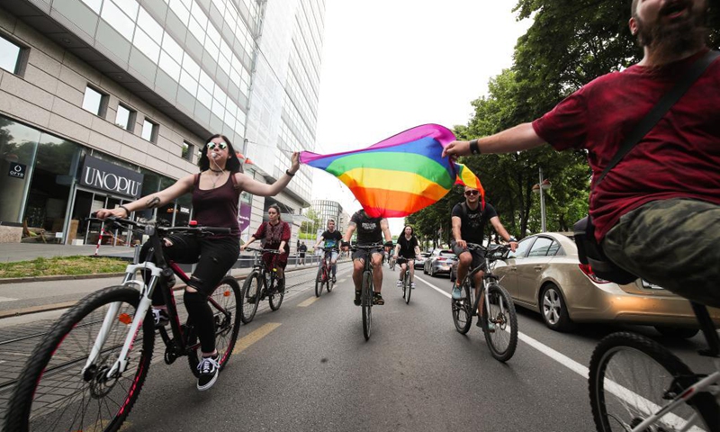 People participate in the Pride Ride in support of LGBTQ groups in Zagreb, Croatia, on June 5, 2021.(Photo: Xinhua)