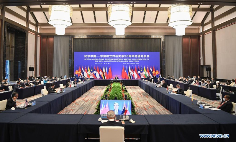 The Special ASEAN-China Foreign Ministers' Meeting in Celebration of the 30th Anniversary of Dialogue Relations is held in Chongqing, southwest China, June 7, 2021. (Xinhua/Wang Quanchao)