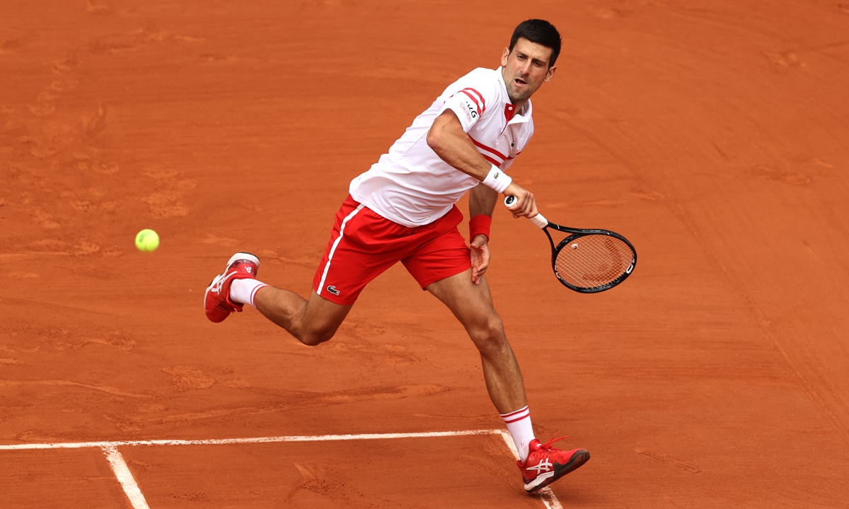 Novak Djokovic in action during the match against Lorenzo Musetti at the French Open on Monday in Paris. Photo: VCG