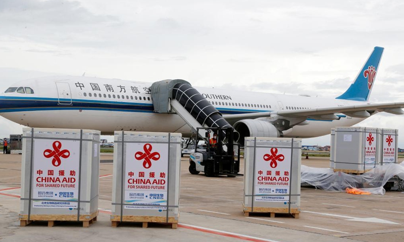Photo taken on June 8, 2021 shows packages of Chinese COVID-19 vaccines arriving at the Phnom Penh International Airport in Phnom Penh, Cambodia. Photo: Xinhua