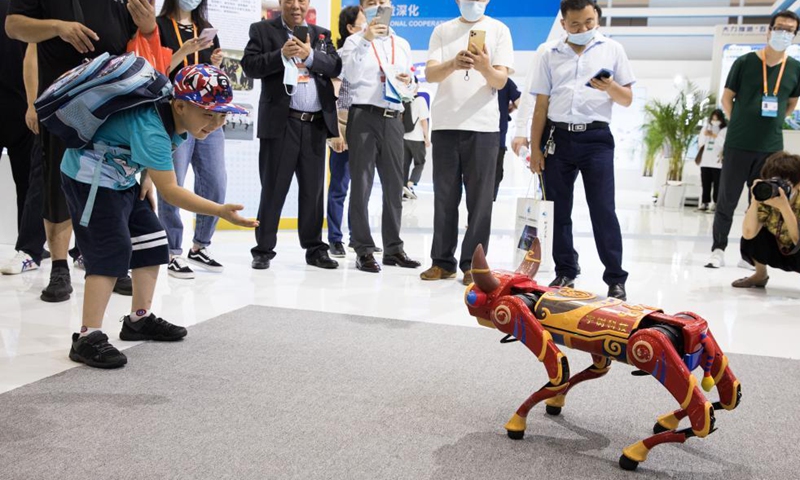 A child interacts with a cattle-shaped robot at the second China-Central and Eastern European Countries (CEEC) Expo in Ningbo, east China's Zhejiang Province, June 9, 2021. The expo opened to public visitors on Wednesday. Themed Fostering a New Development Paradigm, Sharing a Win-Win Opportunity, the expo aims to boost trade between China and Central and Eastern European Countries (CEECs)Photo: Xinhua