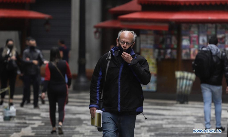 A pedestrian holds a face mask amid COVID-19 outbreak in Sao Paulo, Brazil on June 8, 2021.(Photo: Xinhua)