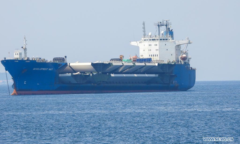 A cargo ship carrying the final batch of steel box girders for the construction of the Peljesac Bridge arrive at the Port of Ploce, Croatia, June 8, 2021. The construction of the Peljesac Bridge, the biggest infrastructure project in Croatia, will be completed in June 2022.(Photo: Xinhua)