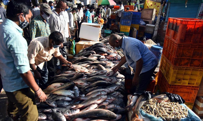Orang membeli ikan di pasar di Secunderabad di Telangana, India, pada 8 Juni 2021. Jumlah orang yang terinfeksi COVID-19 di India telah melewati 29 juta, mencapai 2.9089069, pada hari Rabu, kementerian kesehatan negara itu mengkonfirmasi.