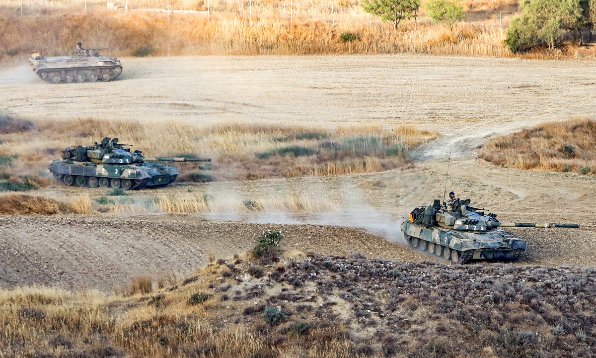 Cypriot National Guard T-80 battle tanks take part in the final phase of the army exercise 
