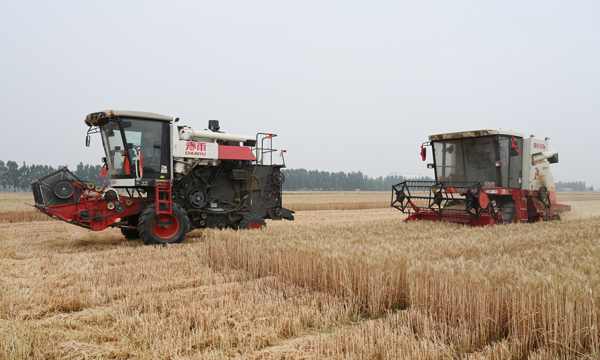 Farmers harvest wheat in Qufu, East China's Shandong Province, on Thursday. So far, 2,800 units of harvesting implements have been deployed to reap summer grain crops and it is expected that most of the farms will be harvested by Saturday. Photo: cnsphoto