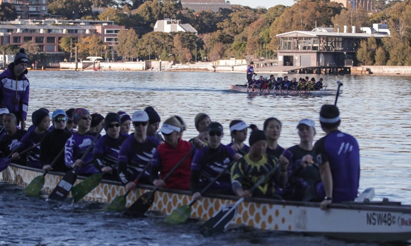 Members of Sloths Dragon Boat Club take part in a training session in Sydney, Australia, June 13, 2021.(Photo: Xinhua)
