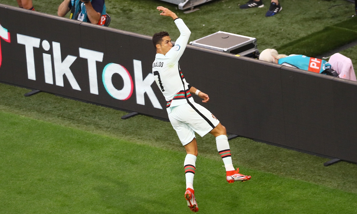 Cristiano Ronaldo of Portugal celebrates after scoring from a penalty against Hungary on Tuesday in Budapest, Hungary. Photo: VCG