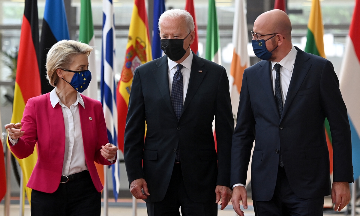 (From left) President of the EU Commission Ursula von der Leyen, US President Joe Biden and European Council President Charles Michel arrive for the EU-US summit at the European Union headquarters in Brussels on Tuesday. Photo: AFP