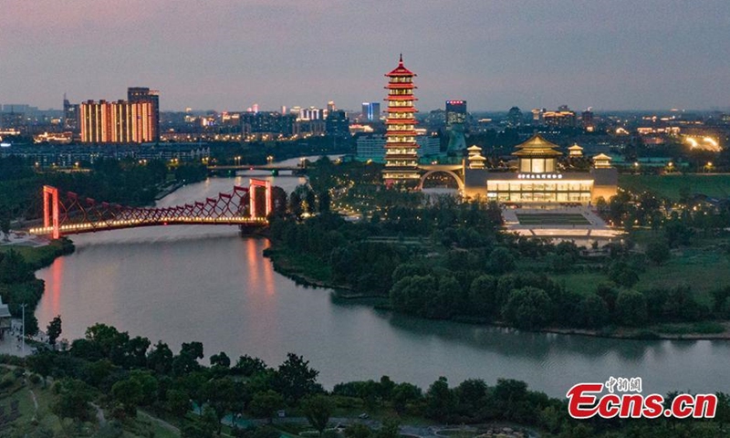 The China Grand Canal Museum turns attractive at night with the decoration of light, June 15, 2021. (Photo: China News Service/ Yang Bo)
