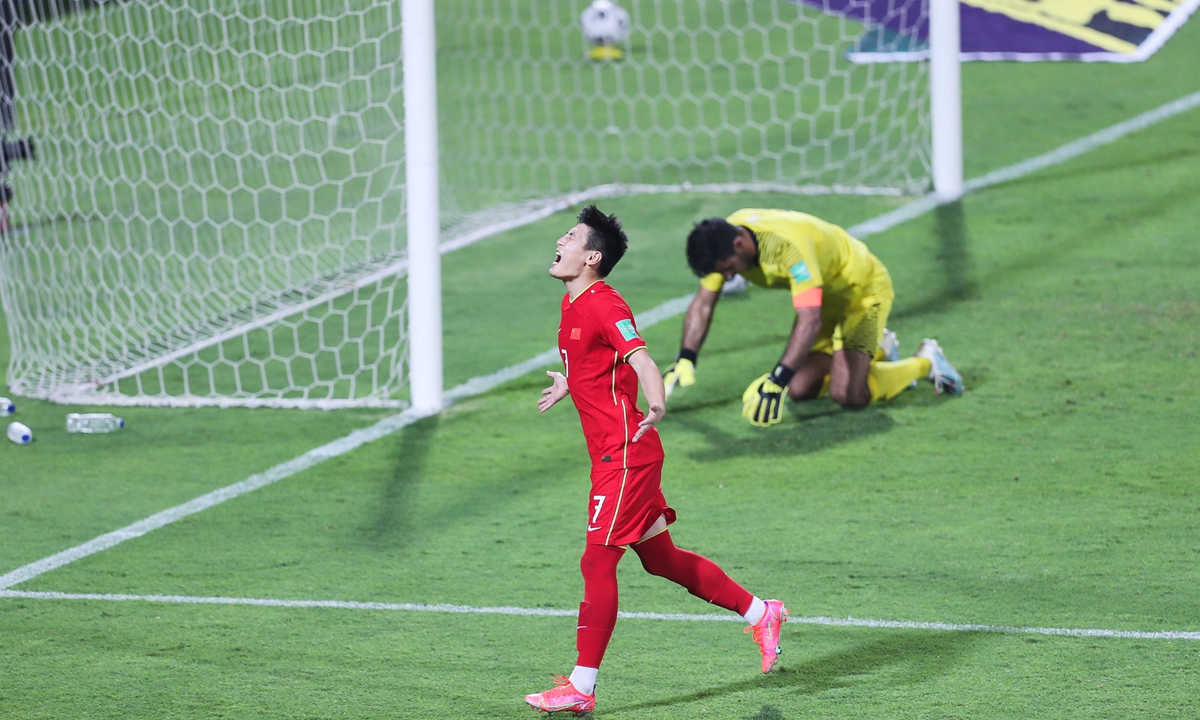 Chinese striker Wu Lei celebrates after scoring from the penalty spot against Syria on Tuesday in Sharjah, the UAE. Photo: VCG
