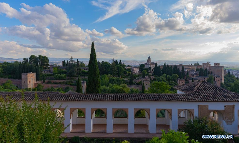 Photo taken on June 17, 2021 shows a view of the Alhambra Palace in Granada, Spain. The Alhambra Palace is a fortress complex located in Granada, Andalusia, Spain. It was inscribed onto the world heritage list in 1984 by UNESCO. Photo: Xinhua