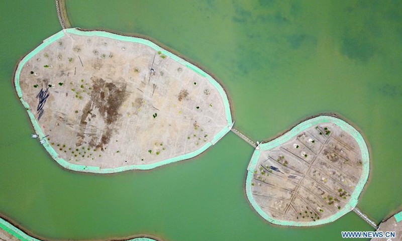 Aerial photo taken on June 10, 2021 shows a water system under construction in Linze County, Zhangye City, northwest China's Gansu Province. Photo: Xinhua