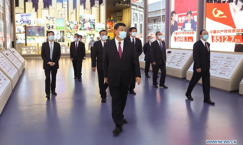 Xi Jinping and other Communist Party of China (CPC) and state leaders Li Keqiang, Li Zhanshu, Wang Yang, Wang Huning, Zhao Leji, Han Zheng and Wang Qishan visit an exhibition on CPC history themed staying true to the founding mission at the Museum of the CPC in Beijing, capital of China, June 18, 2021.Photo:Xinhua