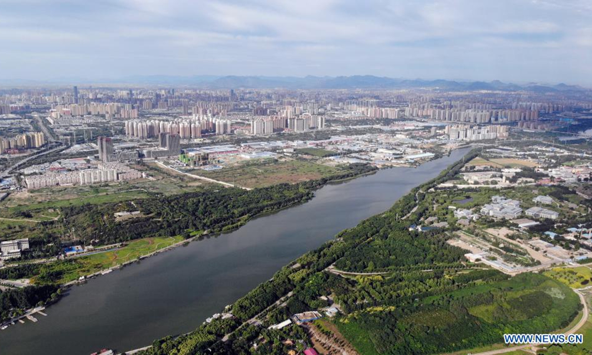 Aerial photo taken on June 20, 2021 shows the scenery of the Hutuo River in Shijiazhuang, north China's Hebei Province. (Xinhua/Luo Xuefeng)