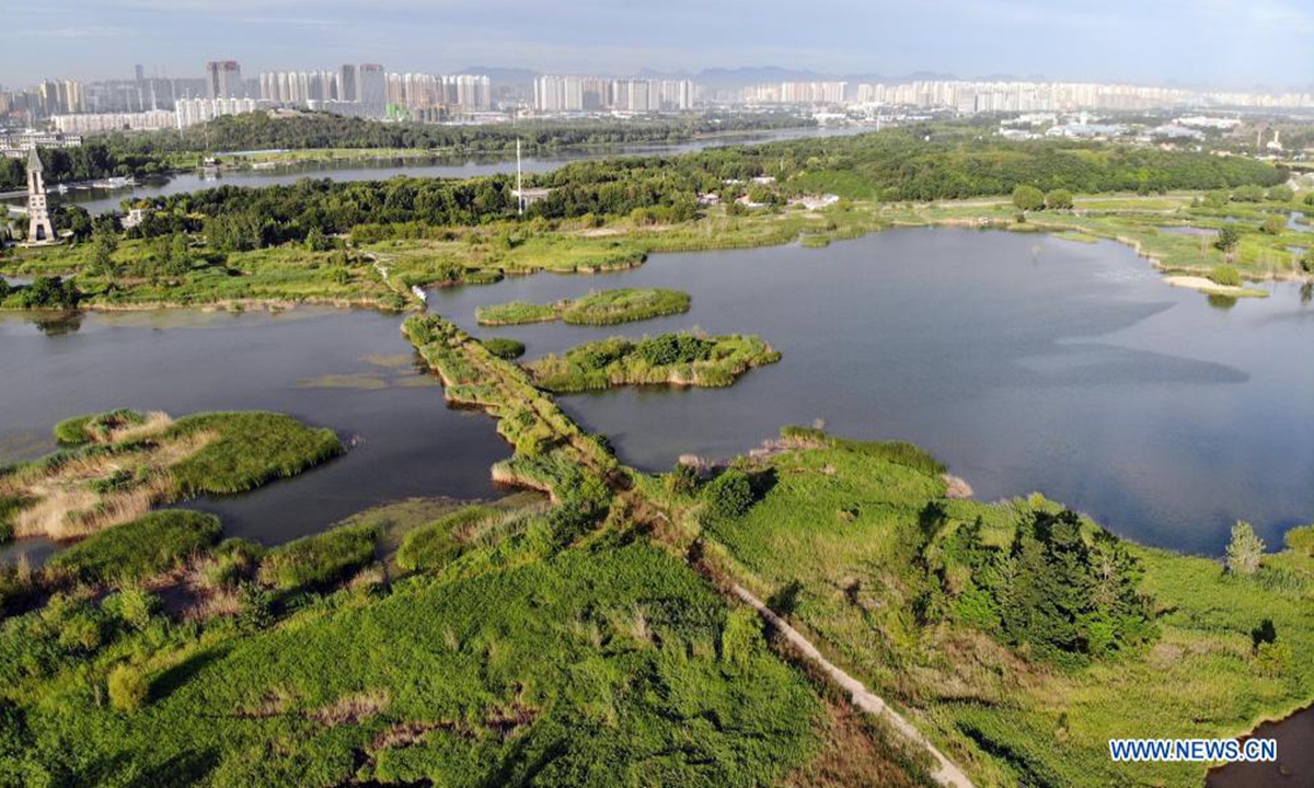 Aerial photo taken on June 20, 2021 shows the scenery of the Hutuo River in Shijiazhuang, north China's Hebei Province. (Xinhua/Luo Xuefeng)