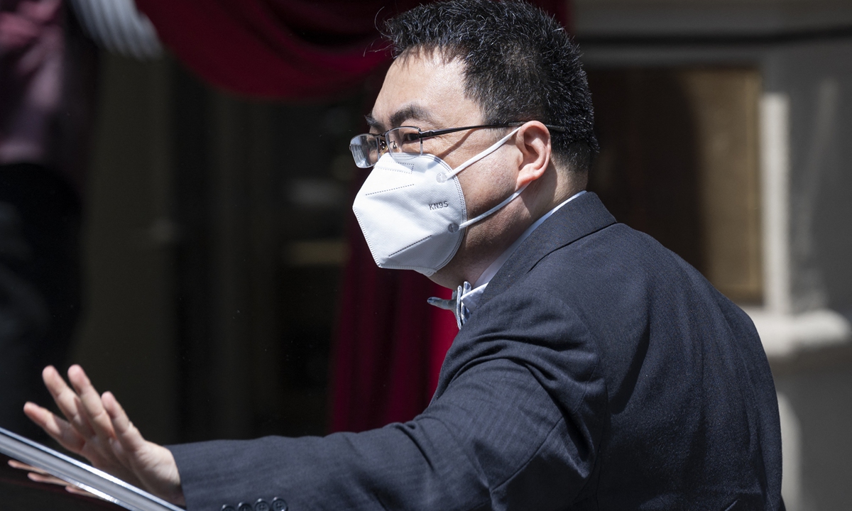Wang Qun, Ambassador of the Permanent Mission of of China to the United Nations arrives at the Grand Hotel Wien in Vienna on Sunday. Diplomats from the UK, the EU, China, Russia and Iran are holding closed-door talks to restore the nuclear deal with Tehran. Photo: AFP