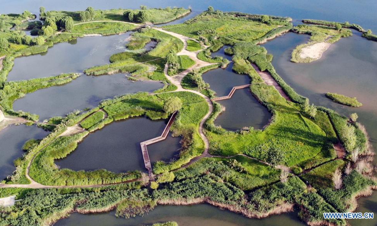 Aerial photo taken on June 20, 2021 shows the scenery of the Hutuo River in Shijiazhuang, north China's Hebei Province. (Xinhua/Luo Xuefeng)