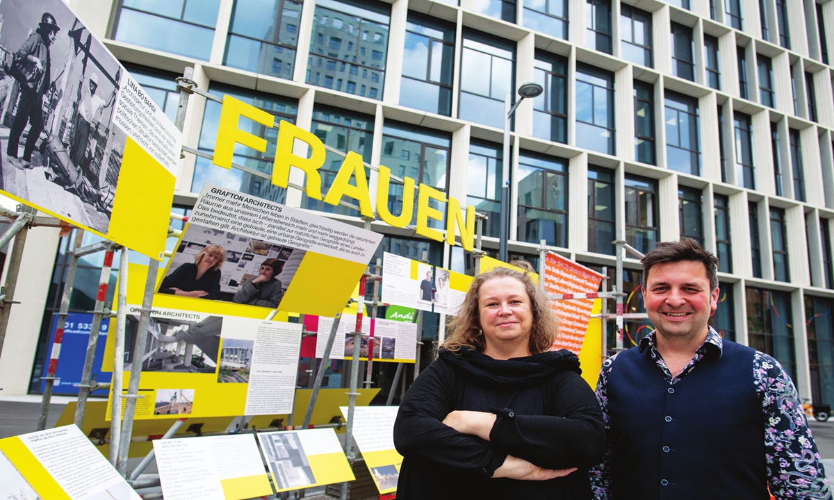 Katja Schechtner (left) and Wojciech Czaja, curators of the architecture exhibition Women build the city pose for a picture at Vienna's suburb Seestadt, Austria, on June 8. Photos: AFP