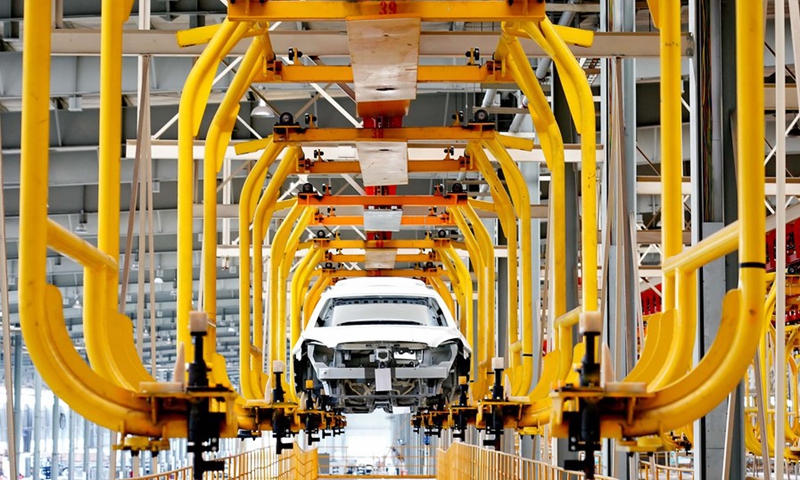 Photo taken on July 6, 2019 shows a production line at a subsidiary of Beijing Electric Vehicle Co., Ltd. (BJEV), a new energy vehicle producer, in Huanghua City, Hebei Province.Photo: Xinhua