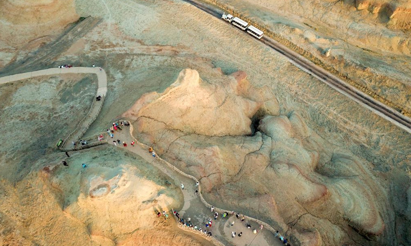 Aerial photo taken on June 21, 2021 shows a view of a Yardang scenic area in Urho District of Karamay, northwest China's Xinjiang Uygur Autonomous Region. (Xinhua)
