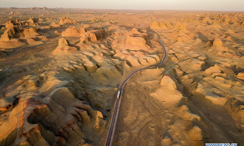 Aerial photo taken on June 21, 2021 shows a view of a Yardang scenic area in Urho District of Karamay, northwest China's Xinjiang Uygur Autonomous Region. (Xinhua)