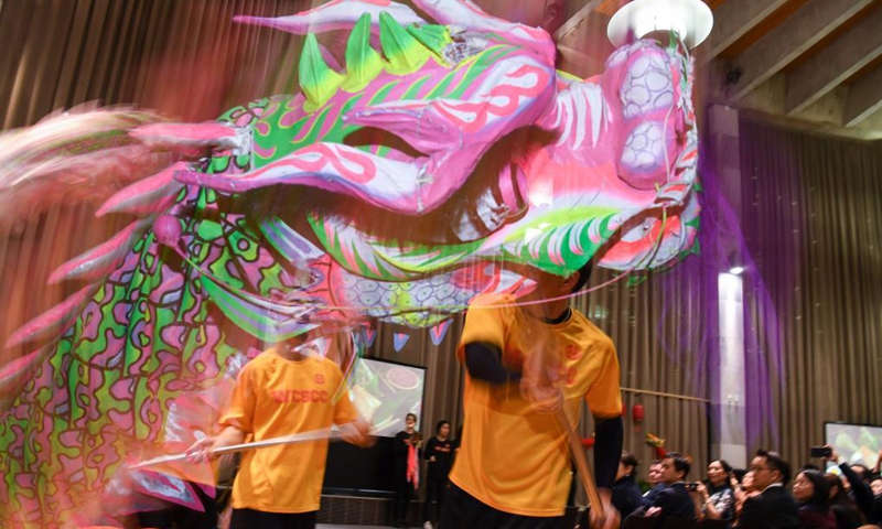 Performers from Dragon Dance Troupe of Wellington Chinese Sports and Cultural Centre stage a dragon dance during the Parliamentary Chinese Dragon Boat Festival Celebration at Wellington, New Zealand, June 21, 2021. The parliamentary celebration on China's traditional Dragon Boat Festival held in New Zealand has been expected to boost the understandings and cultural exchanges between the two countries.(Photo: Xinhua)