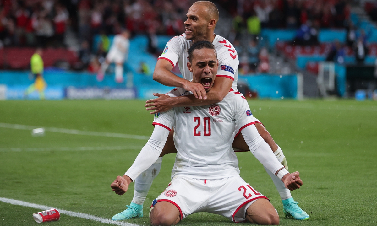 Players of Denmark celebrate during their match against Russia on Monday in Copenhagen, Denmark. Photos: VCG