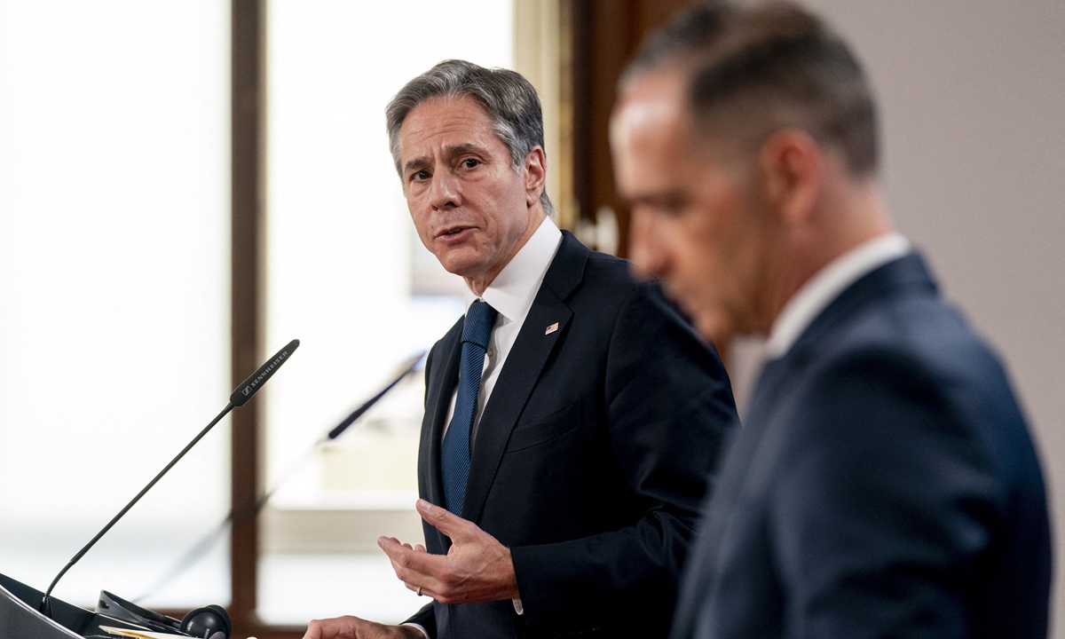 US Secretary of State Antony Blinken (left) addresses a joint press conference with the German Foreign Minister Heiko Maas following talks at the Foreign Ministry in Berlin on Wednesday. Photo: AFP 