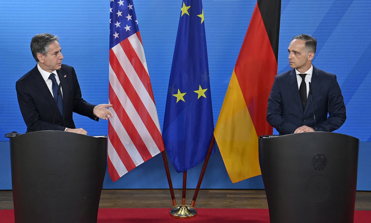 Germany's Foreign Minister Heiko Maas (right) and US Secretary of State Antony Blinken at their press conference on Wednesday. Germany and the US will keep standing together against any