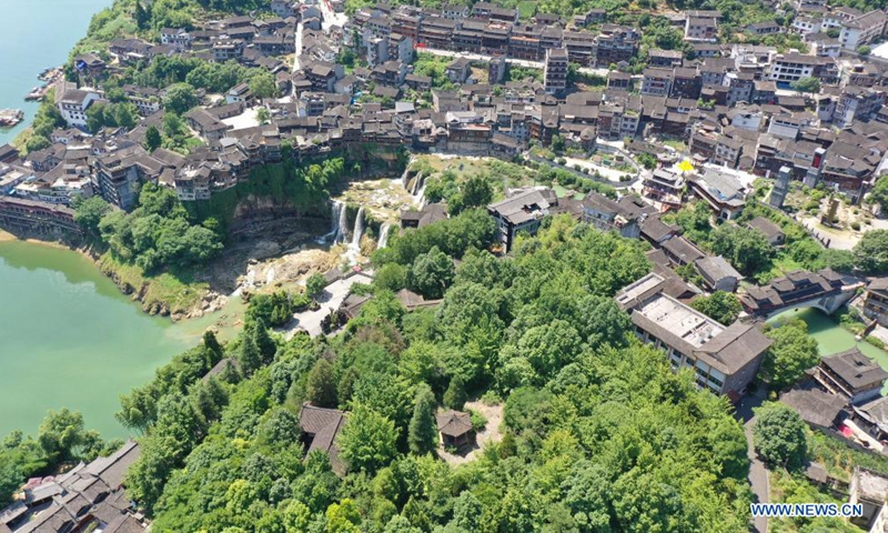 Aerial photo taken on June 22, 2021 shows the scenery of Furong Township in Xiangxi Tujia and Miao Autonomous Prefecture, central China's Hunan Province. (Photo by Liu Zhenjun/Xinhua)