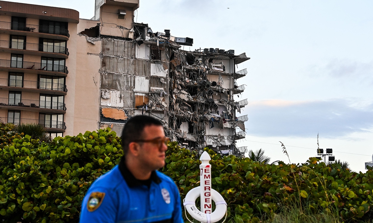 A Miami Beach police officer stands guard near a partially collapsed building in Surfside, north of Miami Beach, on Thursday. The 12-storey apartment building in Florida partially collapsed early Thursday, killing at least one person and sparking an intense search and rescue effort. Photo: VCG